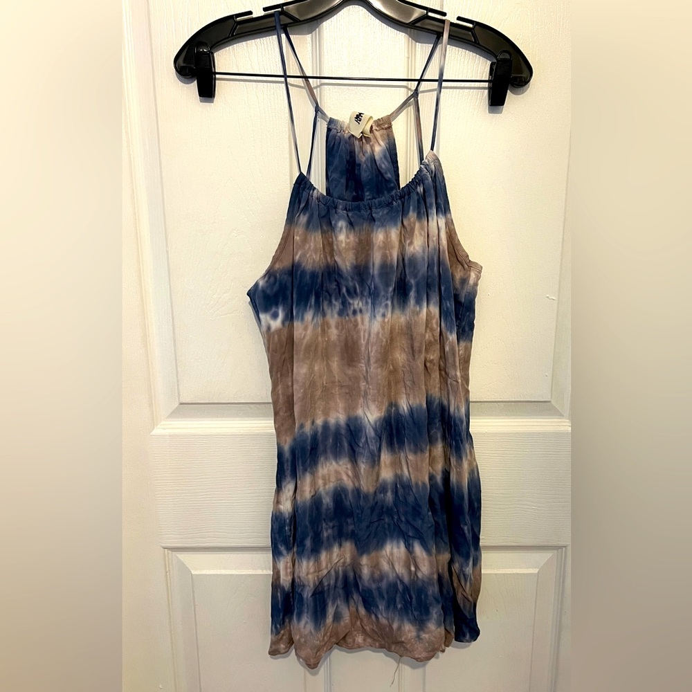 HIPPIE LOVE Women’s Tan & Blue Tie Dye Sleeveless Mini Dress Size M NEW